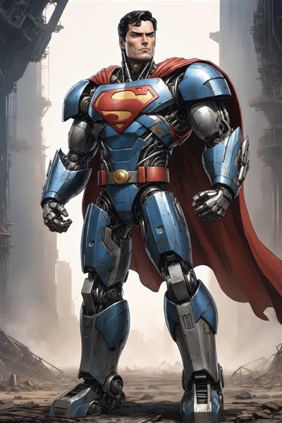 تابلو سوپرمن زره‌پوش آبی و نقره‌ای در ویرانه‌های محیط شهری