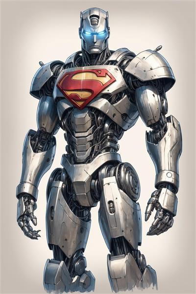 طرح کامل سوپرمن رباتیک (بدون شنل) با زره فولادی و لوگوی رنگی