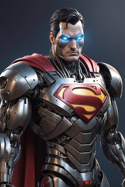پوستر سوپرمن مکانیکی با زره نقره‌ای و چشم‌های آبی درخشان