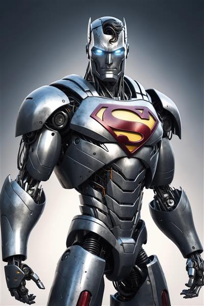 پوستر سوپرمن رباتیک با زره نقره‌ای، موهای مشکی و آرم اس قرمز و طلایی