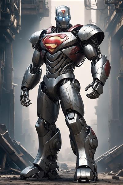 طرح زره فولادی سوپرمن با آرم اس قرمز در محیط صنعتی و خرابه‌های شهری