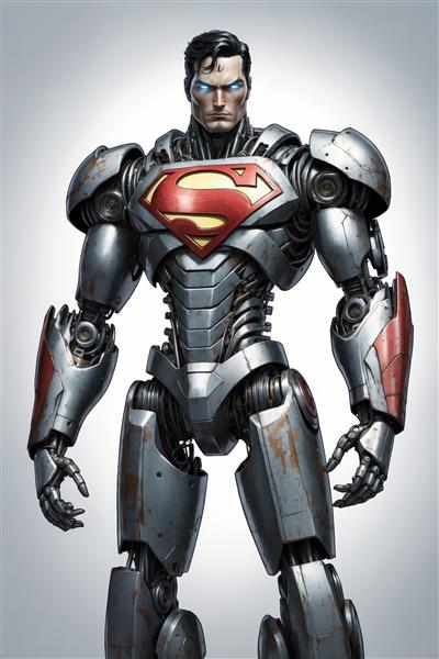 تصویر نمای نزدیک سوپرمن رباتیک (کلوزآپ) با جزئیات زره و چشم‌های آبی