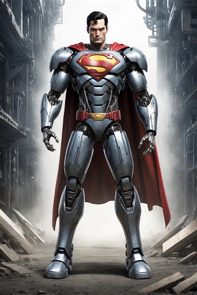 طرح سوپرمن زره‌پوش نقره‌ای با شنل قرمز در فضای مه‌آلود صنعتی