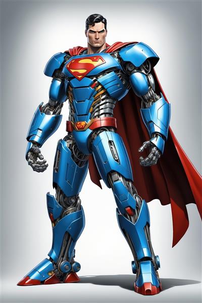 پوستر سوپرمن با زره آبی و قرمز براق و شنل بزرگ در پس‌زمینه سفید