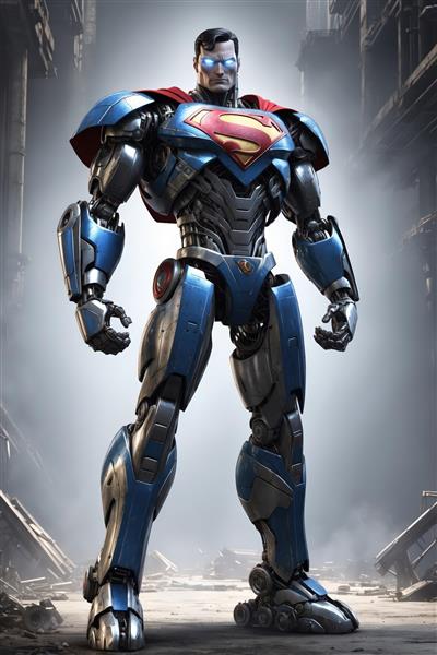 تابلو سوپرمن مکانیکی با زره قدرتمند آبی در خرابه‌های جنگی