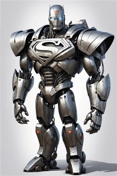طرح زره سوپرمن سایبرپانک نقره‌ای با آرم اس فولادی و چشم‌های نئونی