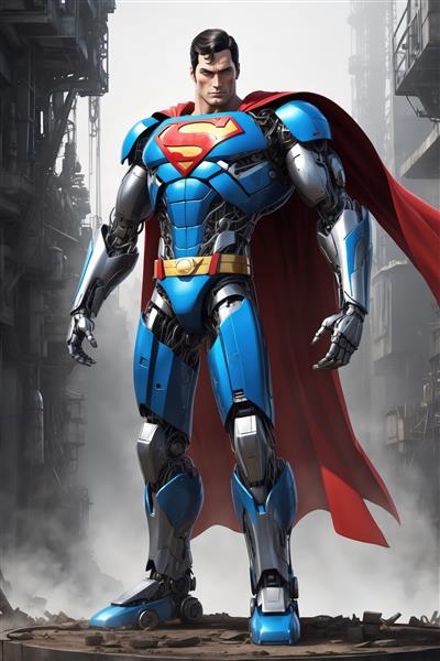 پوستر اورجینال سوپرمن رباتیک آبی و نقره‌ای در ویرانه‌های شهر