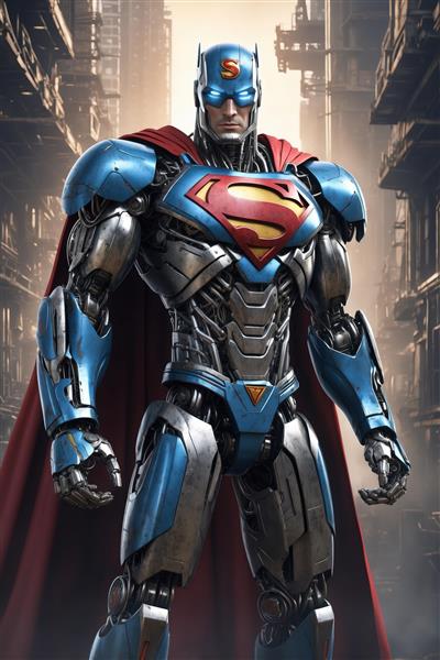 پوستر سوپرمن رباتیک با کلاهخود و زره آبی و قرمز در خیابان‌های تاریک شهر