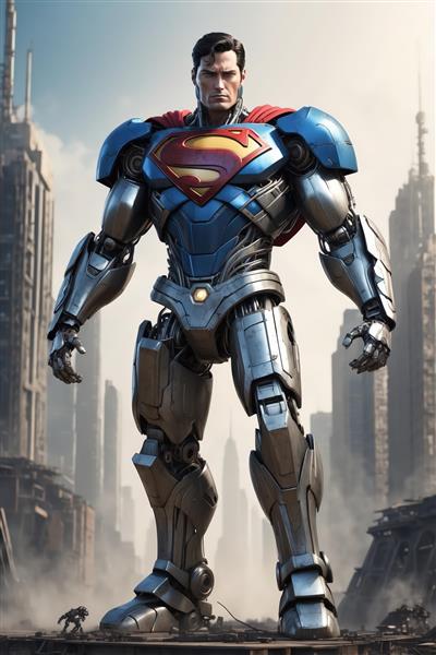 تصویر فول‌بادی سوپرمن زره‌پوش غول پیکر در پس‌زمینه شهر مدرن
