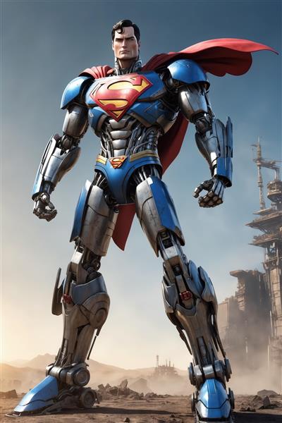 تابلو سوپرمن مکانیکی با زره جنگی در فضای بیابانی و صنعتی