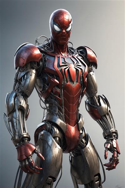 تصویر نزدیک (کلوزآپ) از اسپایدرمن با زره سایبرپانک و جزئیات مکانیکی