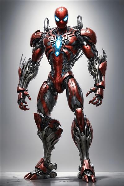 طرح فوق‌العاده مرد عنکبوتی مکانیکی با چشم‌ها و آرم نئونی در زمینه خاکستری