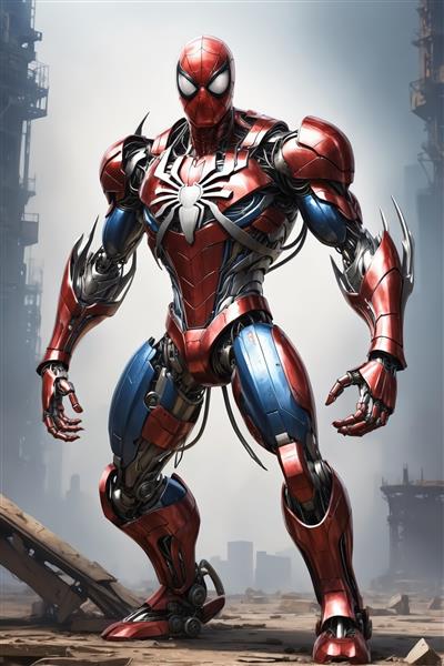 تابلو مرد عنکبوتی زره‌پوش (سایبرپانک) در ویرانه‌های شهری