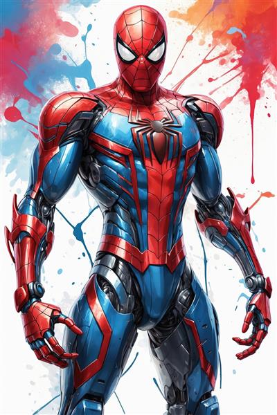 طرح مرد عنکبوتی مکانیکی با لباس قرمز و آبی و پس‌زمینه پاشش رنگ
