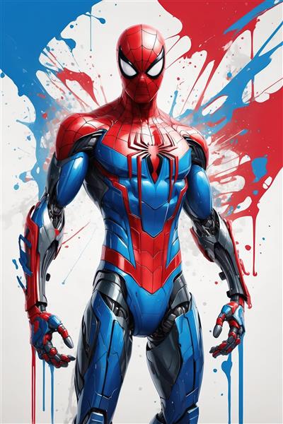 پوستر مرد عنکبوتی رباتیک با پس‌زمینه آبرنگی قرمز و آبی