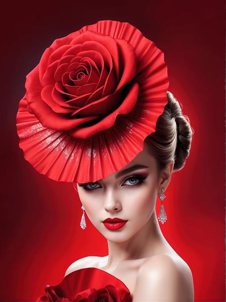 طرح گرافیکی زن با کلاه بادبزنی و گل رز بزرگ و گوشواره‌های آویز برای دکوراتیو