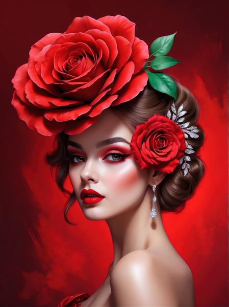 عکس باکیفیت زن با گل رز، سنجاق الماس و لباس قرمز برای چاپ عریض