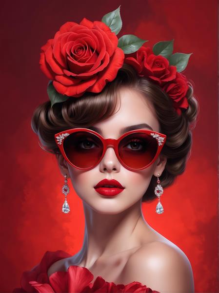 تصویر اورجینال زن مدل با عینک آفتابی قرمز و گل‌های رز روی مو برای پوستر فشن