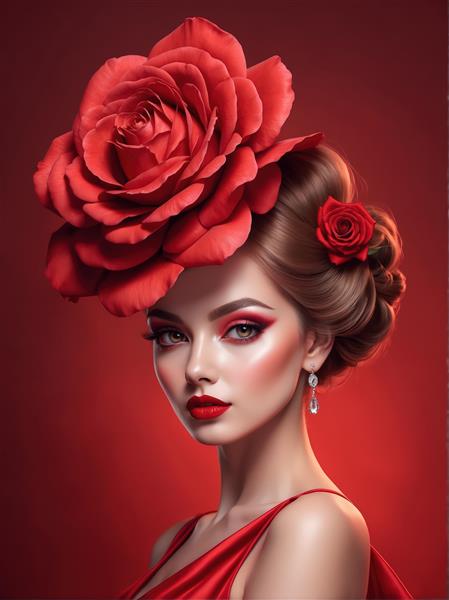 پوستر پرتره زن با گل رز قرمز و گوشواره الماس برای چاپ روی شاسی و تابلو