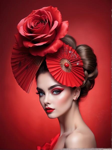 عکس باکیفیت زن پری با شاخ و بال پروانه قرمز و لباس مجلسی برای گالری لوکس