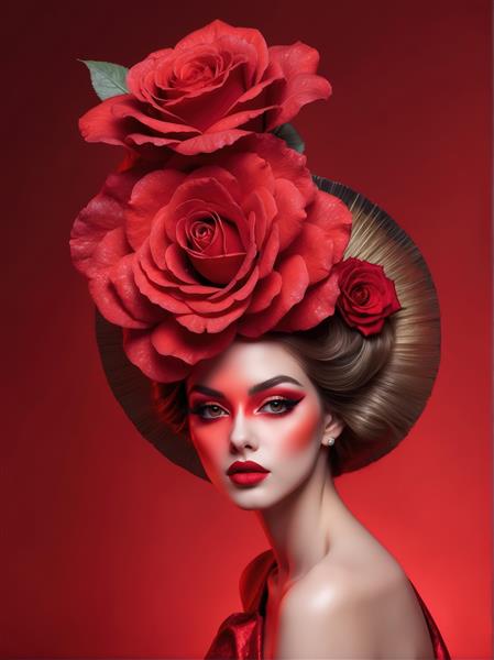 پوستر پرتره زن مدل با کلاه حصیری و دو گل رز قرمز بزرگ برای تابلو دکوراتیو