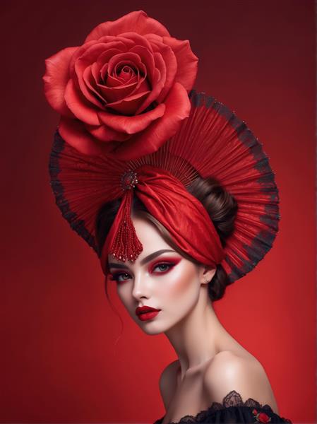 تصویر اورجینال زن با عمامه قرمز، گل رز بزرگ و بادبزن برای تابلوهای دکوراتیو