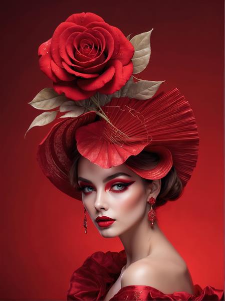 عکس عریض زن شیک با کلاه و برگ‌های سبز و گل رز قرمز برای چاپ عریض