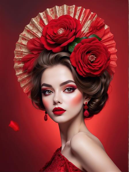 پوستر زن با گل‌های رز و برگ‌های طلایی روی کلاه برای دکوراسیون منزل و گالری