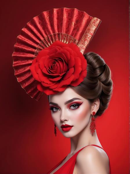 طرح گرافیکی زن با بادبزن بزرگ و گل رز حجیم برای چاپ روی بوم و تابلو