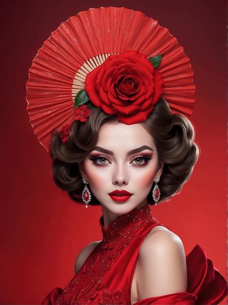 تصویر اورجینال زن با آرایش قرمز، گل رز و یقه ایستاده برای پوستر مد و فشن