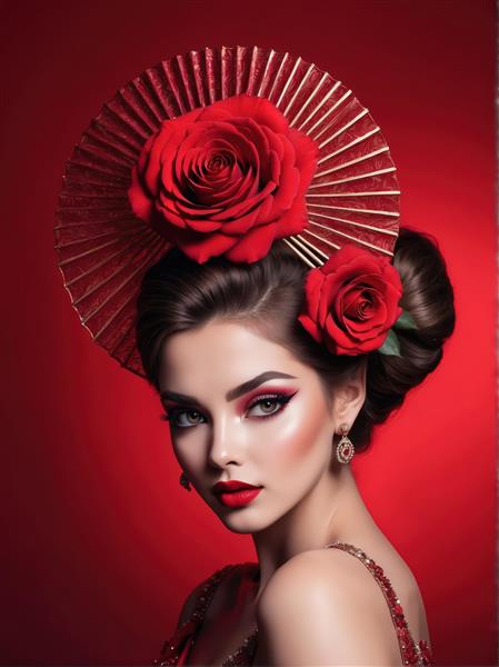 عکس باکیفیت زن با دو گل رز قرمز روی سر و بادبزن برای چاپ دکوراتیو لوکس