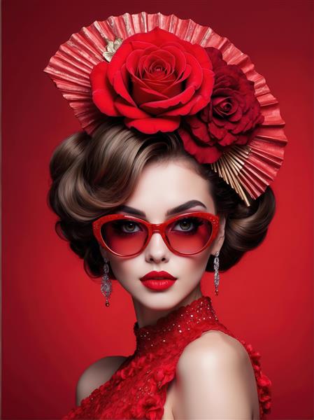 پوستر زن جذاب با عینک فشن قرمز و کلاه بادبزنی با گل‌های رز برای تابلو دیواری