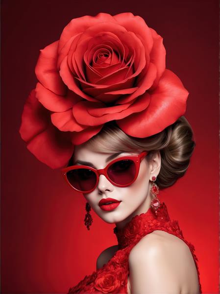 طرح گرافیکی پرتره زن با عینک قرمز، گل رز و لباس گیپور برای دکوراسیون شیک