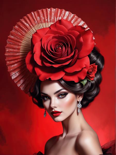 تصویر اورجینال زن فلامنکو با کلاه بادبزنی و گل رز حجیم برای چاپ عریض و گالری