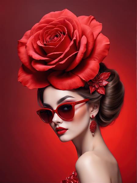 عکس باکیفیت زن با عینک آفتابی گربه‌ای و گل رز بزرگ قرمز برای پوستر و تابلو