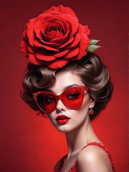 پوستر زن با عینک آفتابی گربه‌ای و گل رز بزرگ برای چاپ روی شاسی و تابلو