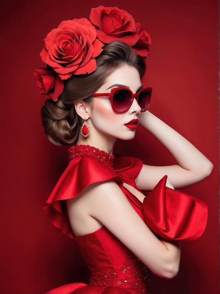 عکس باکیفیت زن با عینک آفتابی قرمز و گل‌های رز روی مو برای پوستر مد و فشن