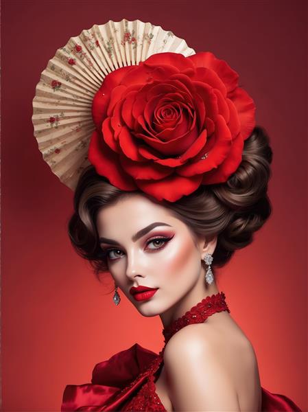 طرح گرافیکی زن با گل رز و بادبزن قدیمی برای چاپ روی بوم و تابلوهای کلاسیک