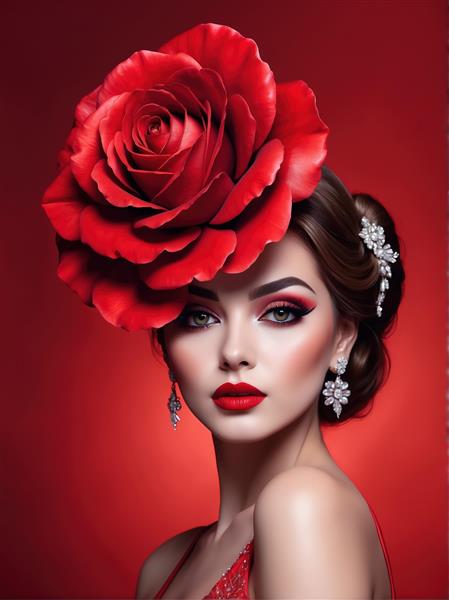 تصویر اورجینال زن مدل با آرایش و لباس قرمز و گل رز بزرگ برای دکوراسیون داخلی