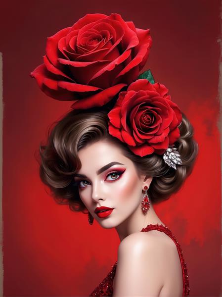 پوستر پرتره زن جذاب با دو گل رز قرمز و گوشواره برای گالری و چاپ عریض