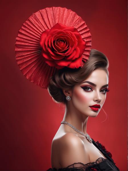 عکس باکیفیت زن با گل رز قرمز و بادبزن برای چاپ تابلو دکوراتیو لوکس