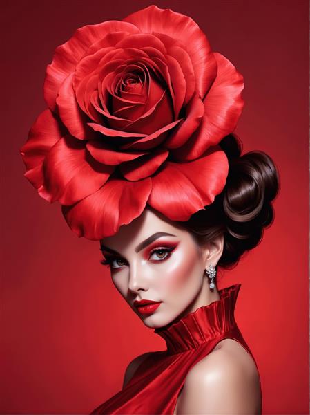 طرح گرافیکی زن با گل رز بزرگ قرمز روی سر و یقه رفل‌دار برای پوستر دیواری