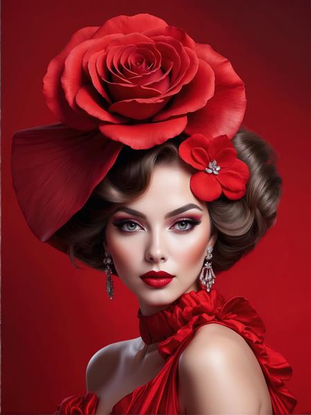 تصویر اورجینال زن شیک با کلاه و پاپیون قرمز و گل رز بزرگ برای دکوراسیون منزل