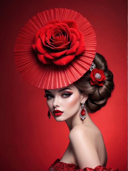 عکس باکیفیت زن زیبا با کلاه لبه‌دار قرمز و گل رز حجیم برای چاپ عریض و گالری