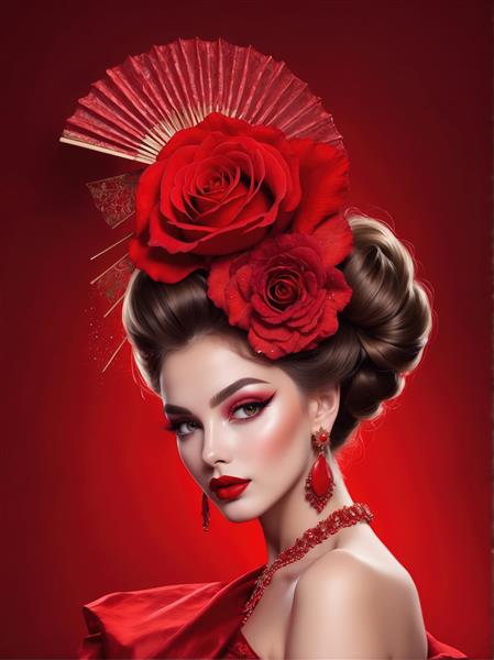 پوستر زن فلامنکو با کلاه حصیری و گل رز بزرگ قرمز و جواهرات برای تابلو دکوراتیو