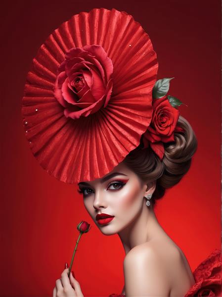 عکس باکیفیت زن با گل رز قرمز در دست و کلاه پرچین برای چاپ پوستر