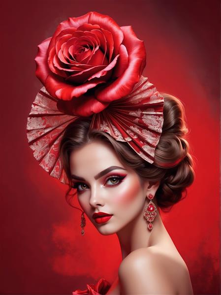 طرح گرافیکی زن جذاب فلامنکو با کلاه حصیری، گل رز و گوشواره‌های بزرگ قرمز