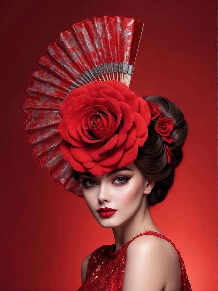 پوستر پرتره زن با آرایش قرمز، بادبزن و گل رز حجیم برای دکوراسیون داخلی