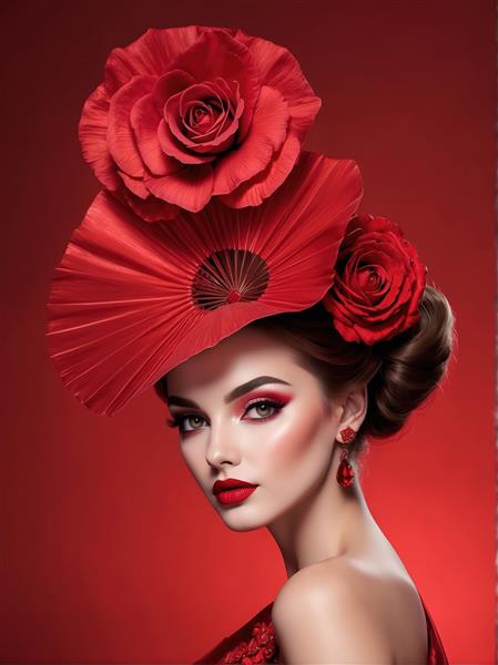 تصویر اورجینال زن اسپانیایی با کلاه لبه‌دار و گل رز بزرگ قرمز برای تابلو دیواری