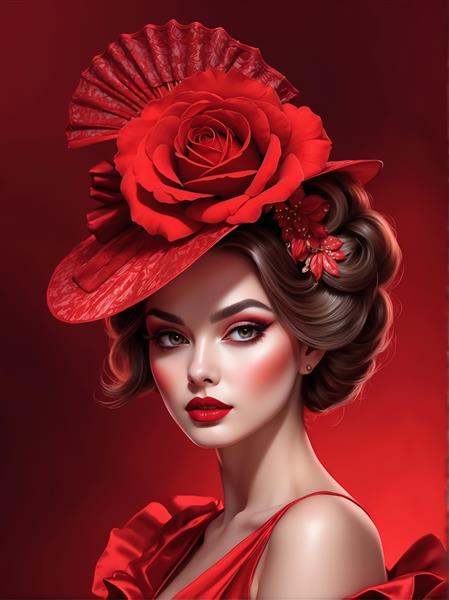 عکس باکیفیت پرتره فلامنکو با کلاه حصیری و گل رز قرمز برای چاپ عریض